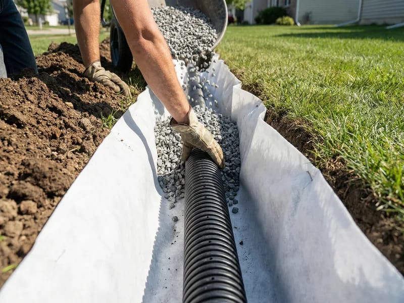 French drain installation with gravel and perforated pipe in Northern VA