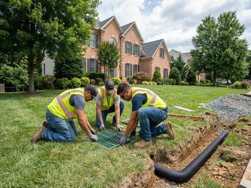 Drainage swale installation with river rock in Northern Virginia