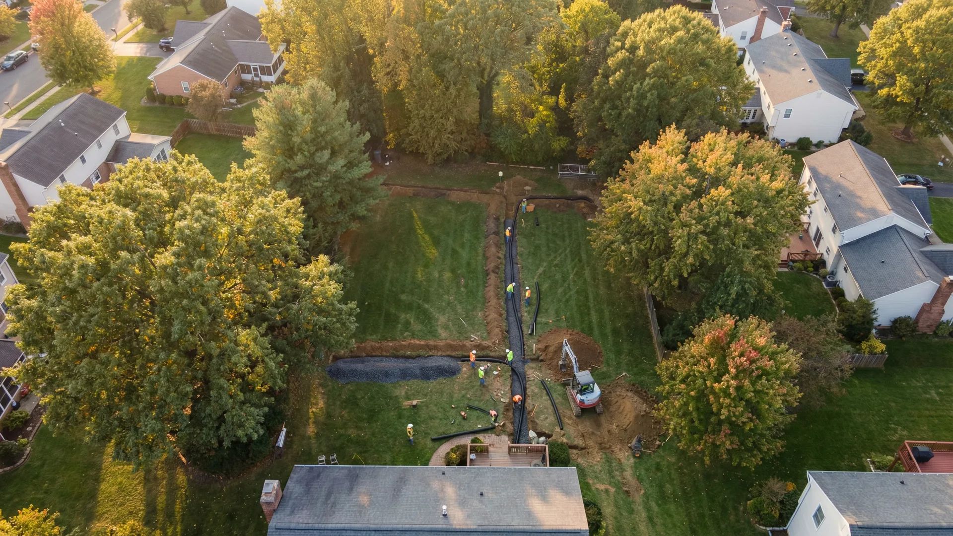 Aerial view of drainage installation project in Northern Virginia