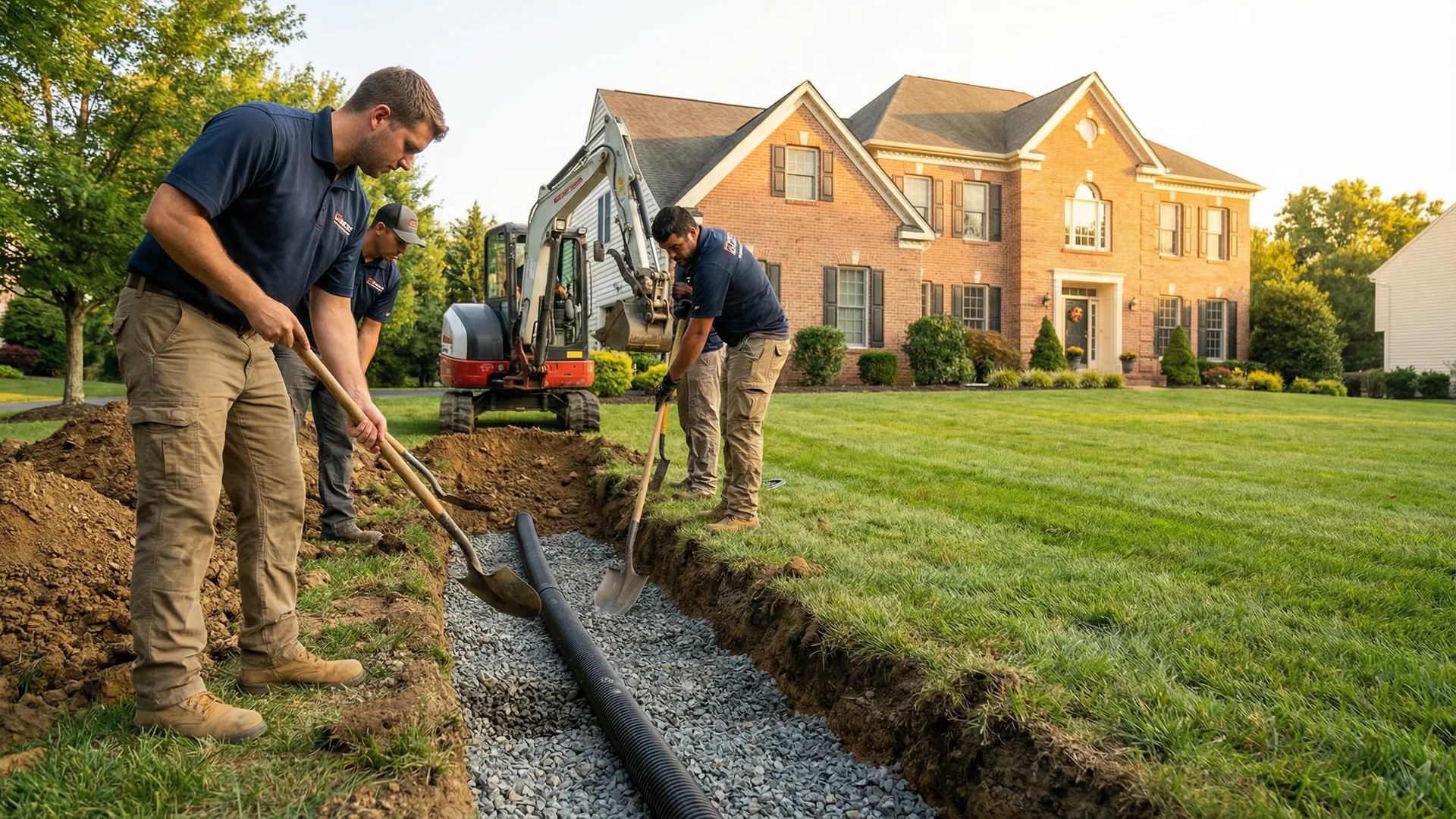 Waterworks Drainage crew installing drainage system in Northern Virginia
